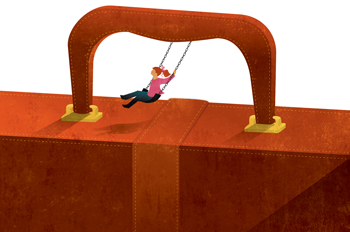 A woman swings on a swing attached to the handle of an illustrated briefcase