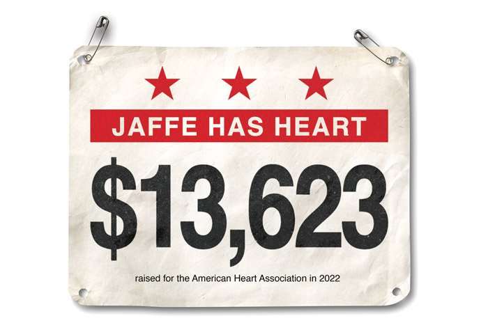 racing bib that says Jaffe raised $13,623 for the AHA