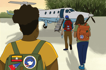 Au's Peace Corps volunteers walk to a plane to evacuate