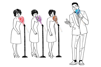 Illustration of a singer and backup singers using Dum Dums as microphones