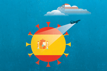 An illustration of a plane flashing a spotlight on the Spanish flag