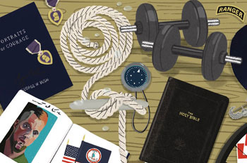 Illustrations of an anchor rope, a bike wheel, a deer mount, a campaign sticker, and the bible