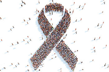 illustration of a people forming a giant ribbon