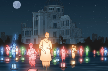 illustration of people standing with lanterns in front of the A-dome in Hiroshima