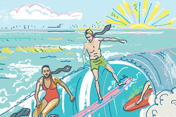 illustration of business people in ties and bathing suits, surfing