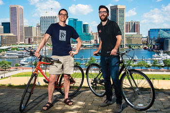 Nik and Paul near their bikes on Federal Hill in Baltimore