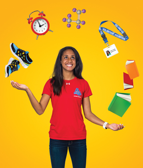 Track athlete Arianna Lopez juggles shoes, a clock, a chemical compound, a lanyard, and books