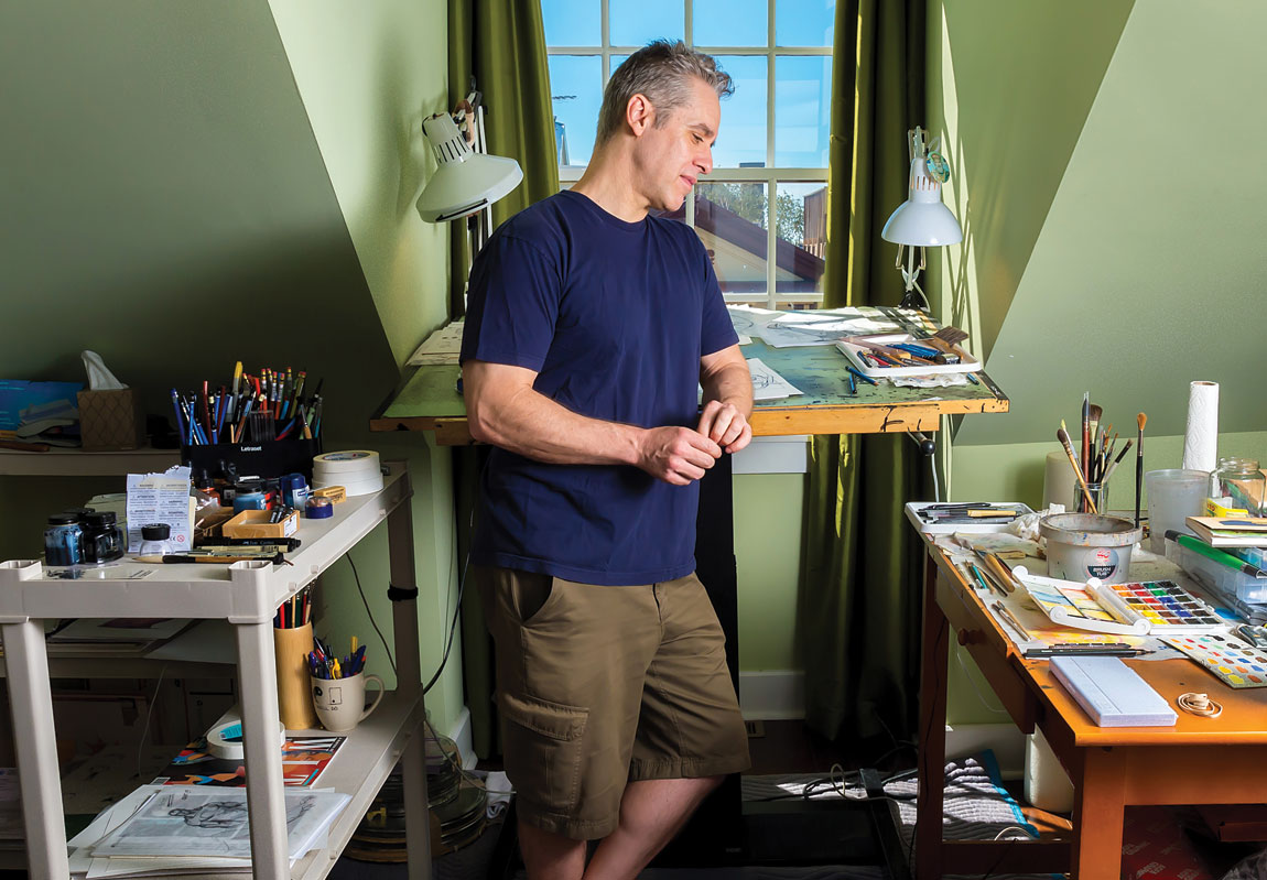 Cartoonist Nick Galifianakis in his Philadelphia studio