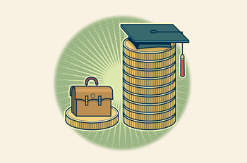briefcase and mortar board sitting on stacks of coins