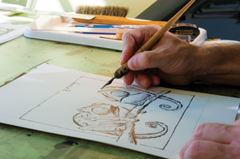 Cartoonist Nick Galifianakis at work in his Philadelphia studio