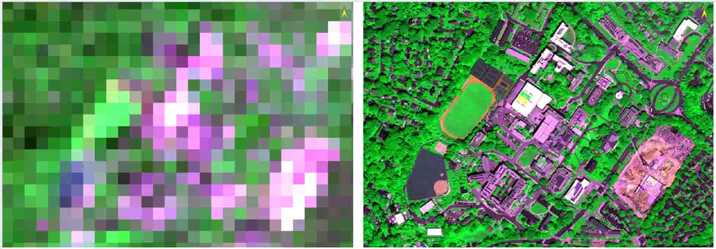 Comparison image of moderate resolution imagery (left) and image of trees from cubesat technology.