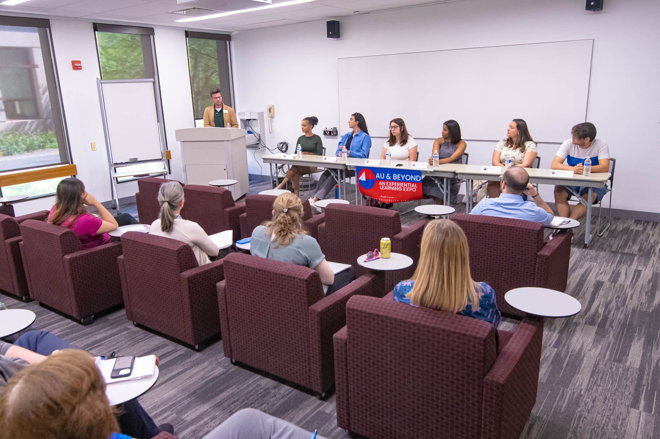 Students on a panel at AU's second experiential learning conference.