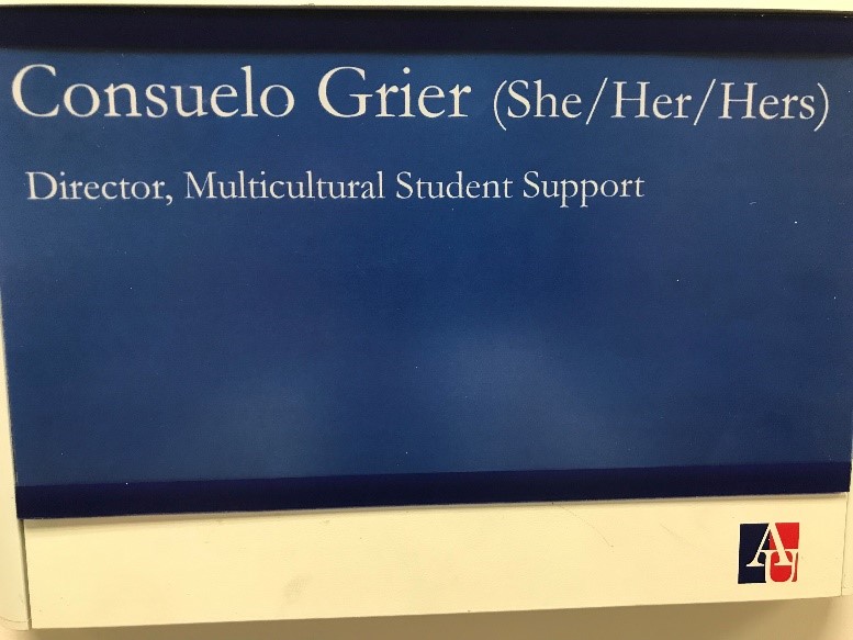 Example of an office name plate with pronouns