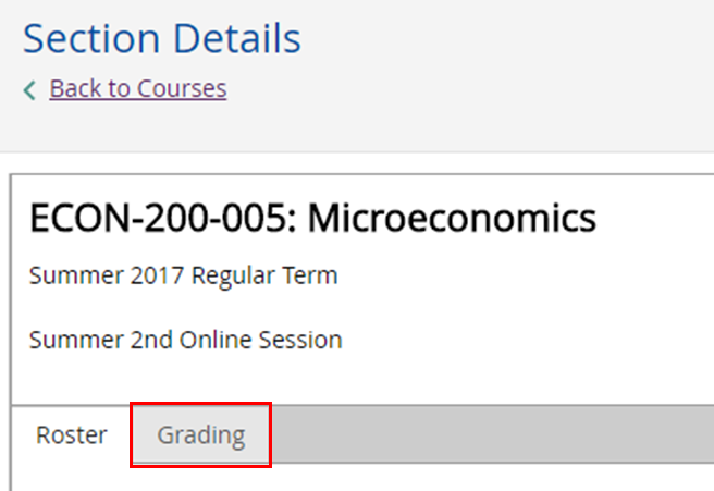 Section details. ECON-200-005. Grading tab in focus.