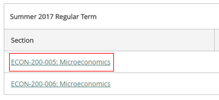 List of sections with ECON-200-005 in focus.