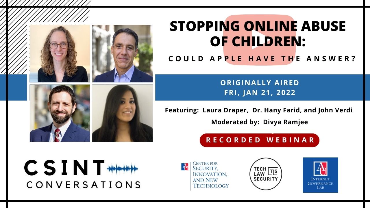 Title slide for recorded webinar of CSINT Conversations - Stopping online abuse of children - originally aired January 21, 2021