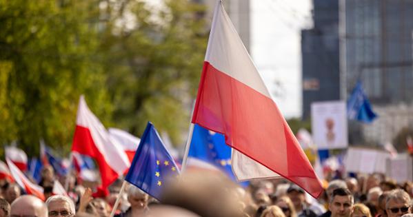 A Polish flag is held during a march in Poland