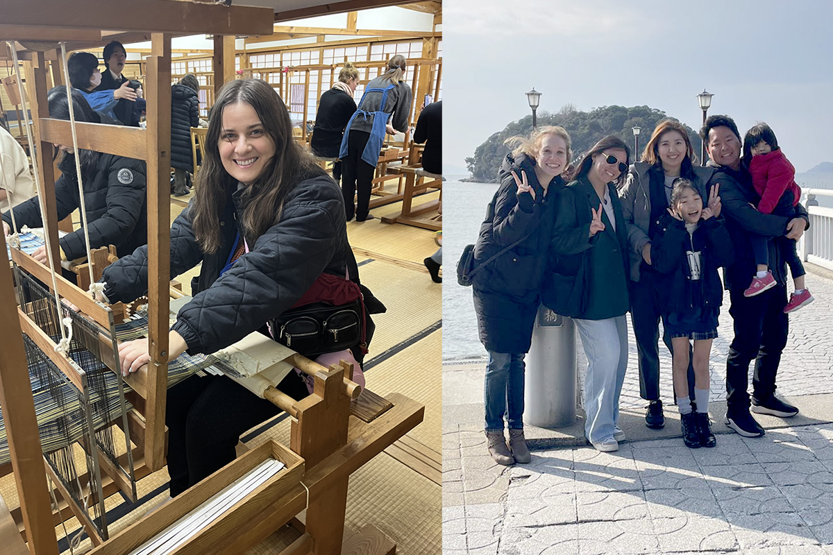 Left: Crawford weaving bamboo and De Luca with her host family. Right: Ansilta De Luca with her host family, the Koyas, in the city of Gamagori.