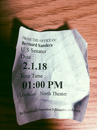 A ticket stub from a tour of Senator Bernie Sanders' office