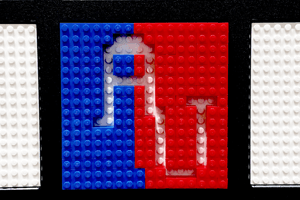 AU (American University) spelled out in legos in red, white, and blue