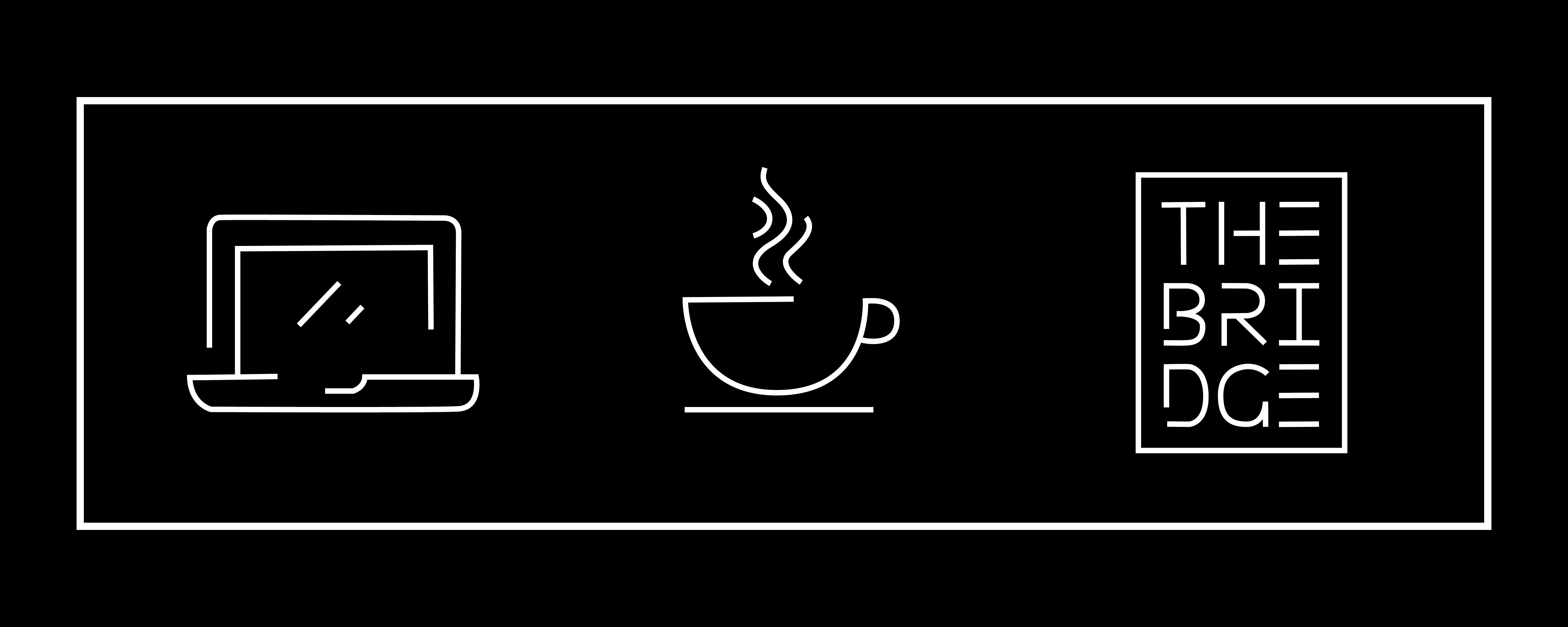 Decorative banner image for The Bridge Cafe that includes a laptop and coffee cup.