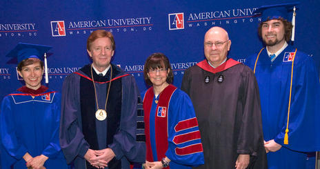 Katherine Aaron, American University president Neil Kerwin, Susan Zirinsky, BA '74, Executive Producer, CBS News, and School of Communication Dean Larry Kirkman, and Drew Rosensweig at the 2009 AU SOC Commencement Ceremony.