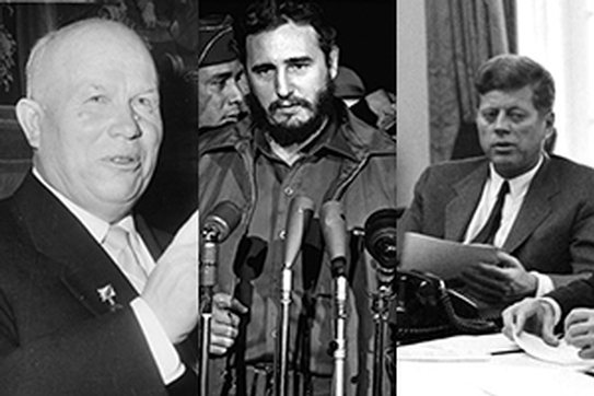 Nikita Khrushchev, Fidel Castro, and John F. Kennedy.
