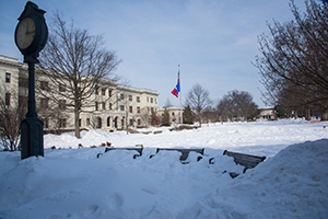 A photo of campus buried under snow dumped on the area during the blizzard of January 2016.