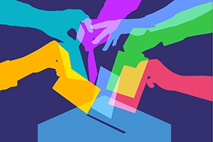 Colorful silhouettes of hands grasping ballots, positioned to place them in a collection box. 