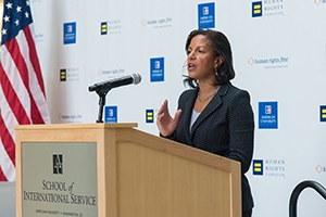 National Security Advisor Susan Rice giving an address in the SIS atrium.