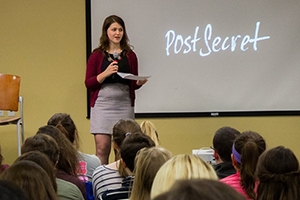 Mary-Margaret Koch at a PostSecret event. Credit: AU Photo Collective.