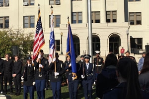 Soldiers standing on the Quad in front of Mary Graydon Center, for Veterans Day celebration.