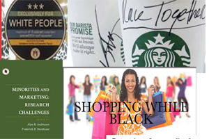 Collage showing Starbucks cup, black people shopping 