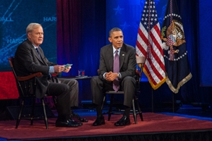 MSNBC’s Chris Matthews interviews President Barack Obama in the Greenberg Theatre for an episode of “Hardball.”