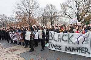 An American University student-led demonstration was held on the steps of Mary Graydon Center. Signs included “Stand with the People of Ferguson,” and the popular “Black Lives Matter.”