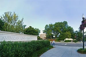 The American University entrance at Massachusetts Avenue during summer.