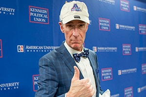 Bill Nye wearing his AU Eagle hat. Credit: AU Photo Collective photographer Anna Moneymaker. 