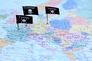 Black flags pinned into a map of terrorist attacks in Western Europe.