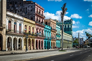 Downtown Havana, Cuba. Buildings with yellow, pink, and blue pastel covers.