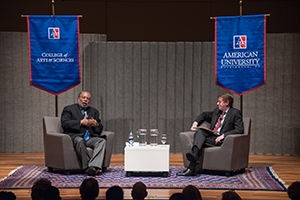 Alumnus Lonnie Bunch shares the stage with AU President Neil Kerwin.