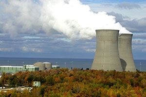 Nuclear towers expelling water vapor.