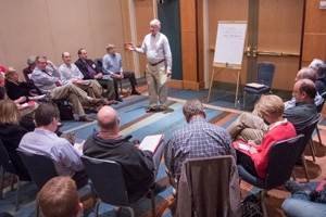 Professor James Thurber leads a workshop on political diversity in the classroom at the 2012 Faculty Retreat at the Hyatt Chesapeake Bay Resort in Cambridge, MD