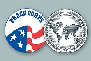 Vintage Peace Corps seal floats behind School of International Service seal.