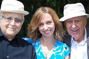 Comedy legends Norman Lear and Carl Reiner with executive producer Caty Borum Chattoo