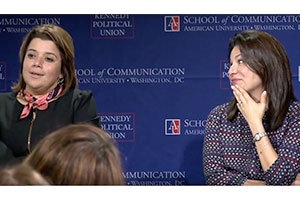 Ana Navarro, left, and Patti Solis Doyle, right speaking at American Unversity. 