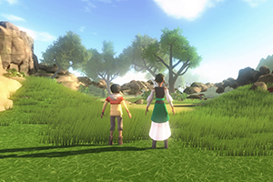 Digital image of two children facing a landscape