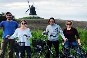 Stephanie Piperno and classmates riding bicycles in Denmark.