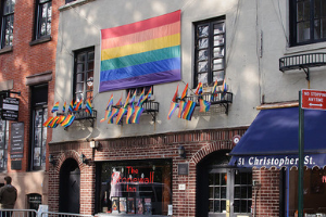 Rainbow flags hang outside of the Stonewall Inn.