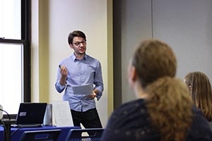 SPA student John Bevacqua presents his research at the 9th Annual Undergraduate Research Symposium.