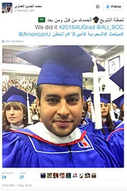Tweet in arabic from graduating student Mohammed Alhassan Alemary expressing thanks and joy at receiving his degree